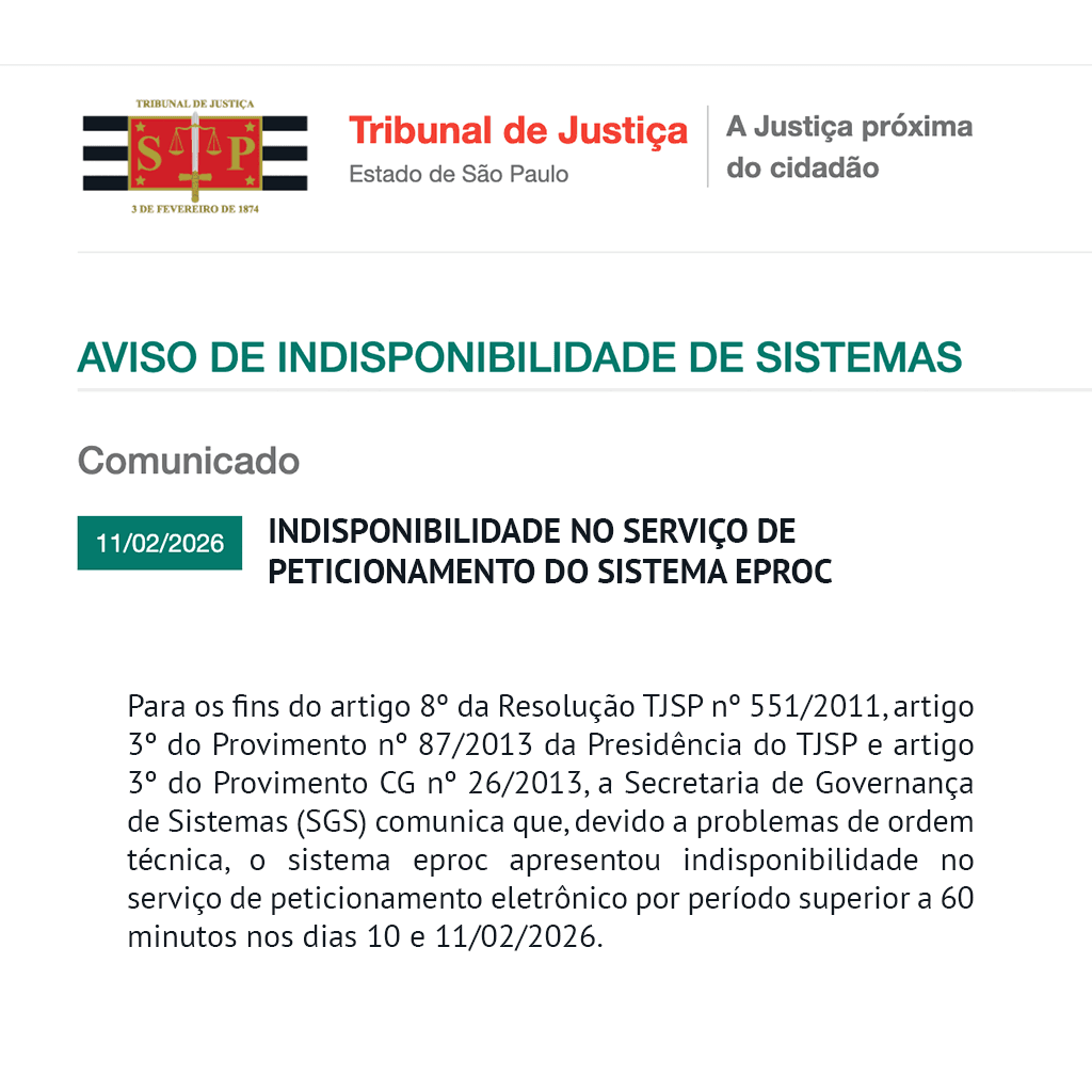 Indisponibilidade no serviço de peticionamento do Sistema Eproc