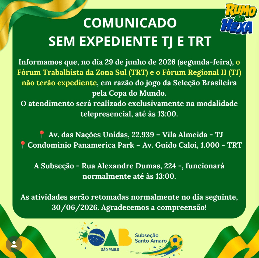 🇧🇷 Comunicado: Expediente TJ e TRT Copa do Mundo 🇧🇷