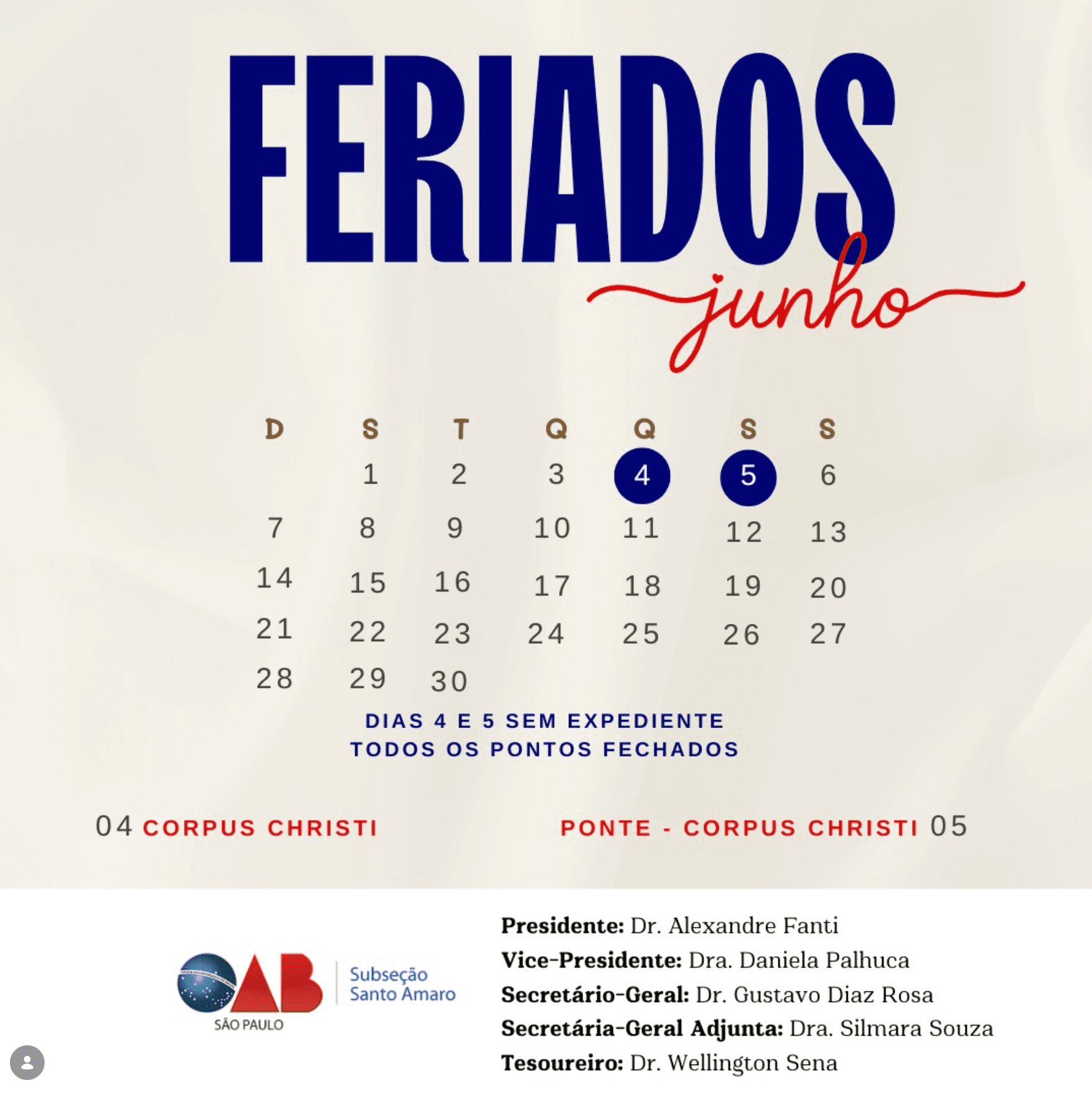 Comunicado: Feriado de Corpus Christi