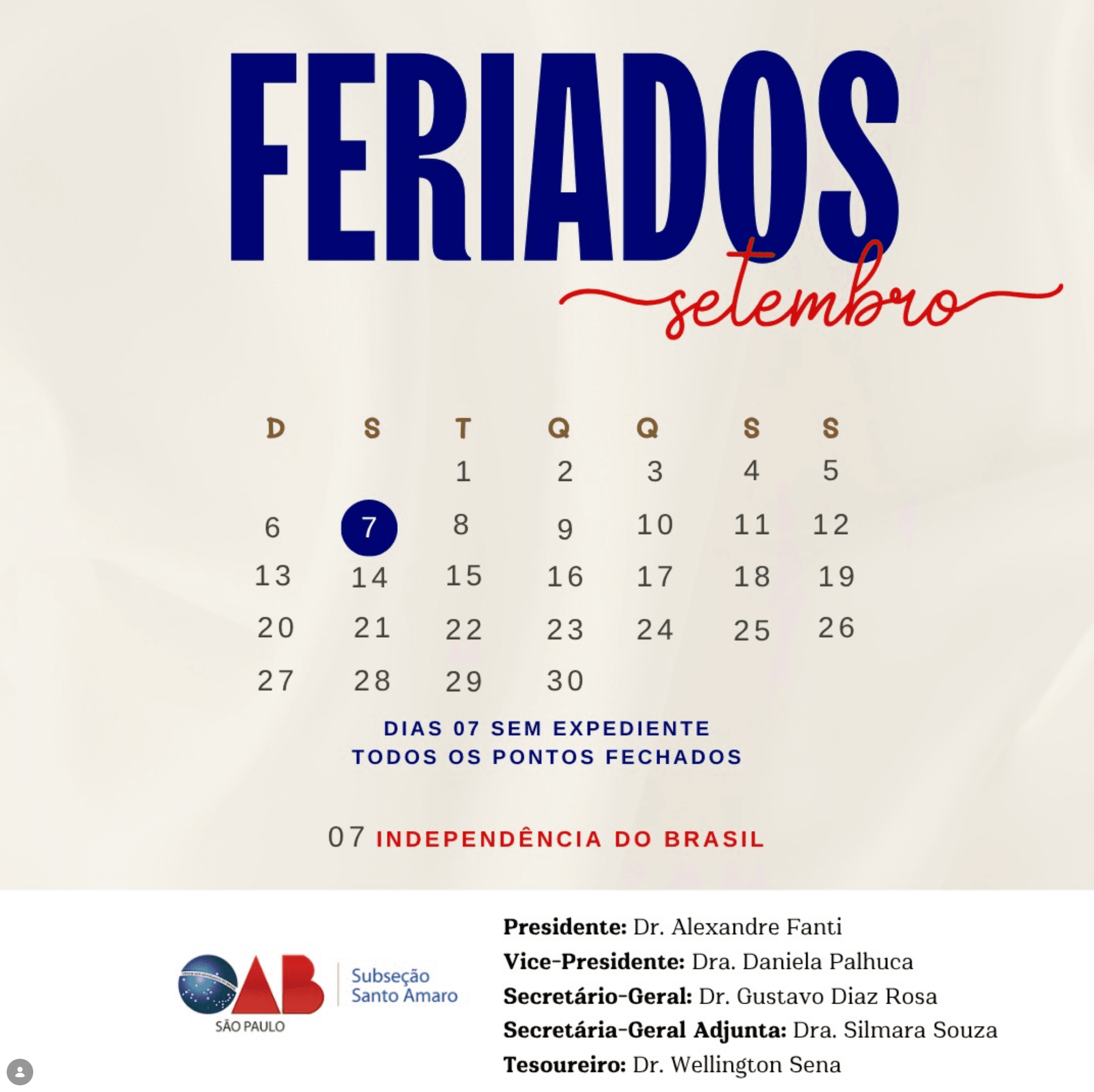Comunicado: Feriado Independência do Brasil