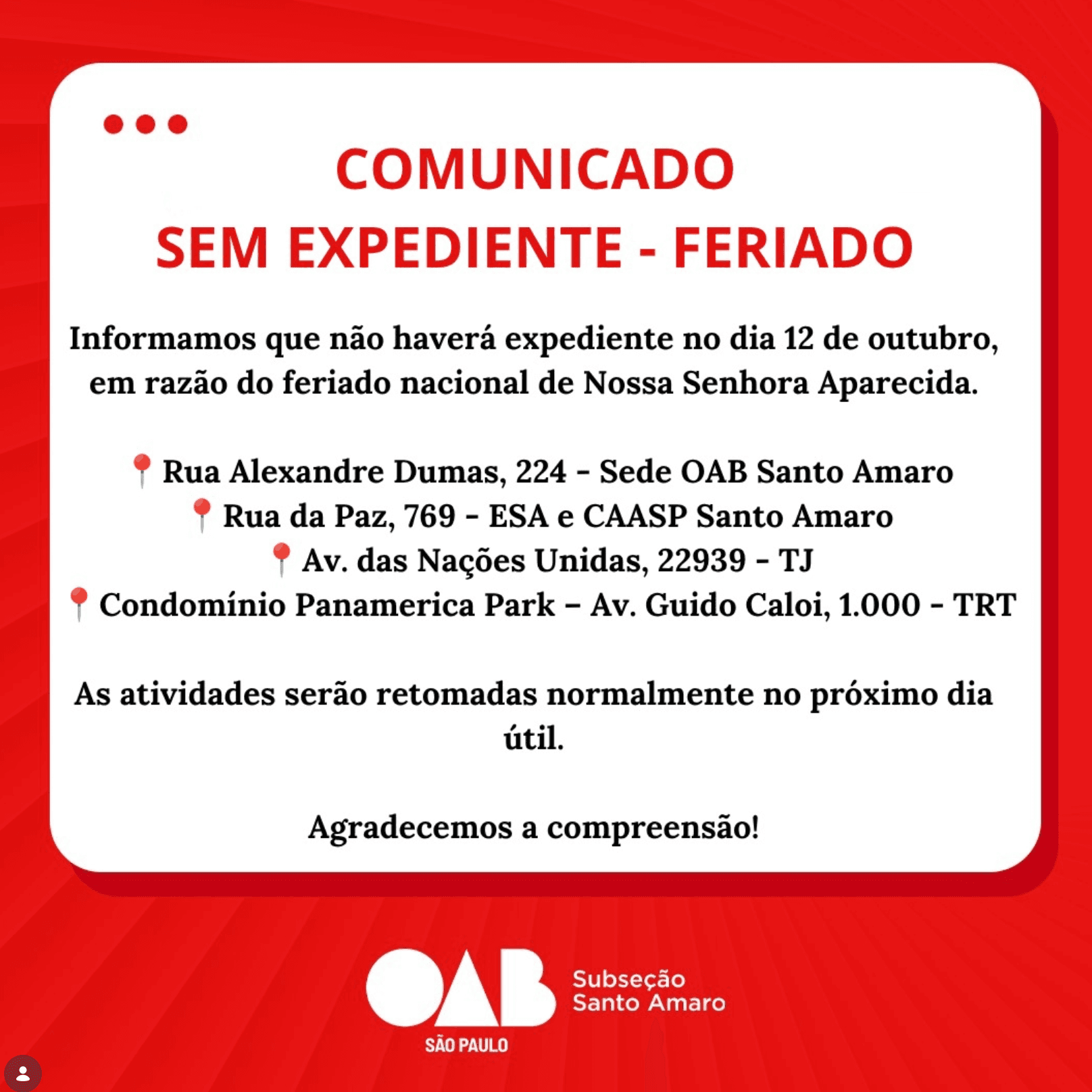 Comunicado: Feriado Nacional de Nossa Senhora Aparecida