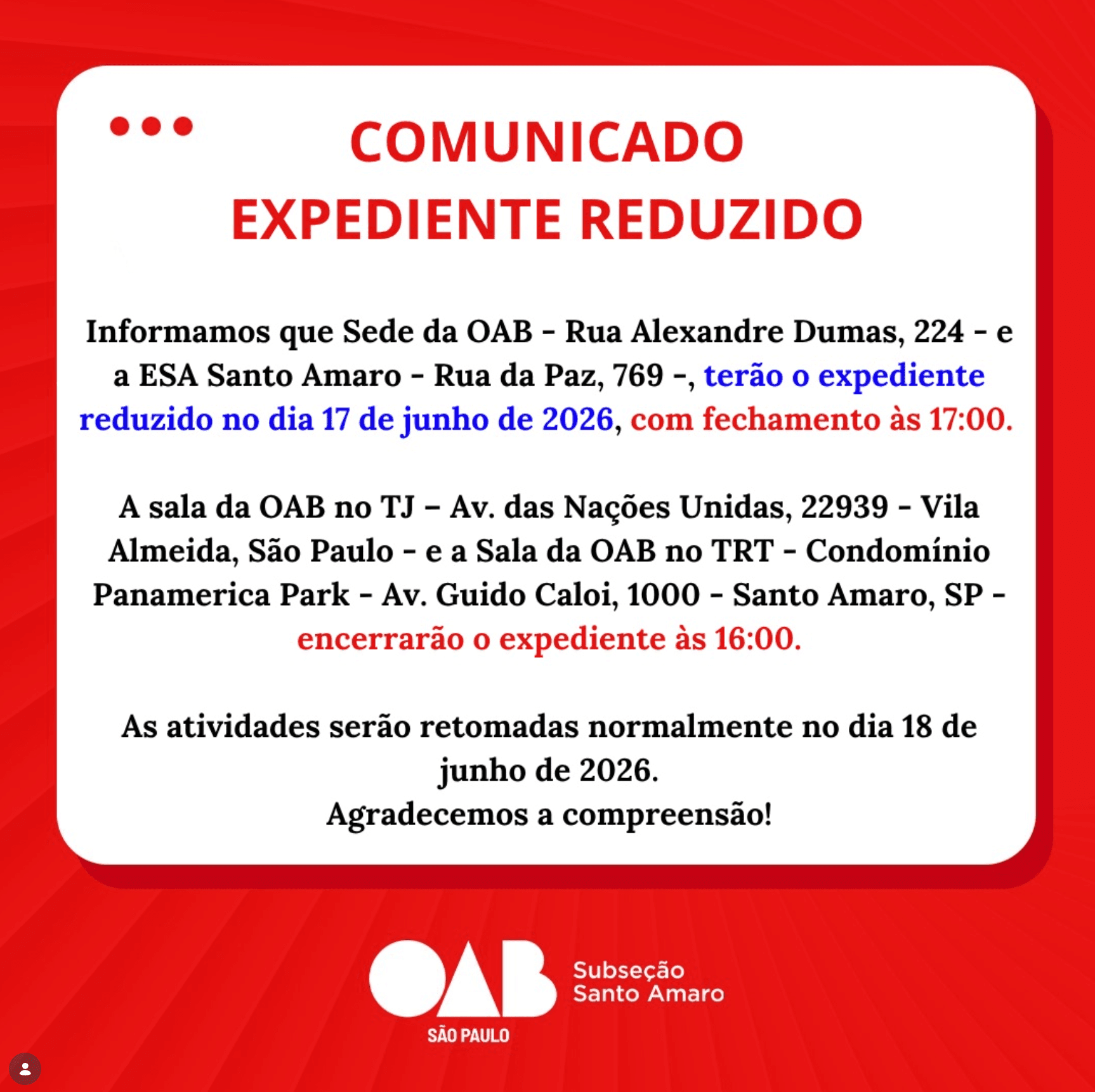 Comunidao: Expediente Reduzido