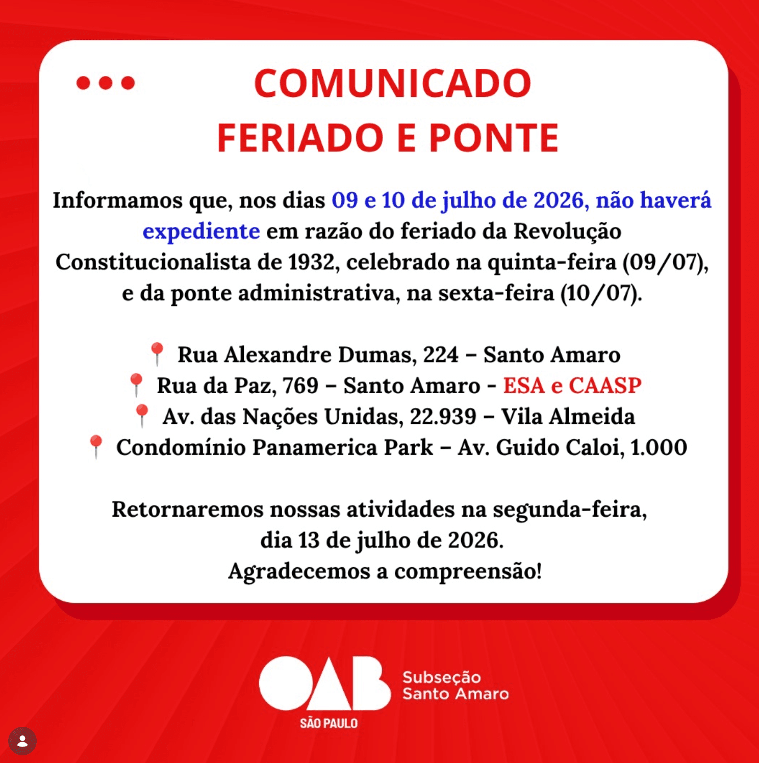 Comunicado: Feriado da Revolução Constitucionalista de 1932