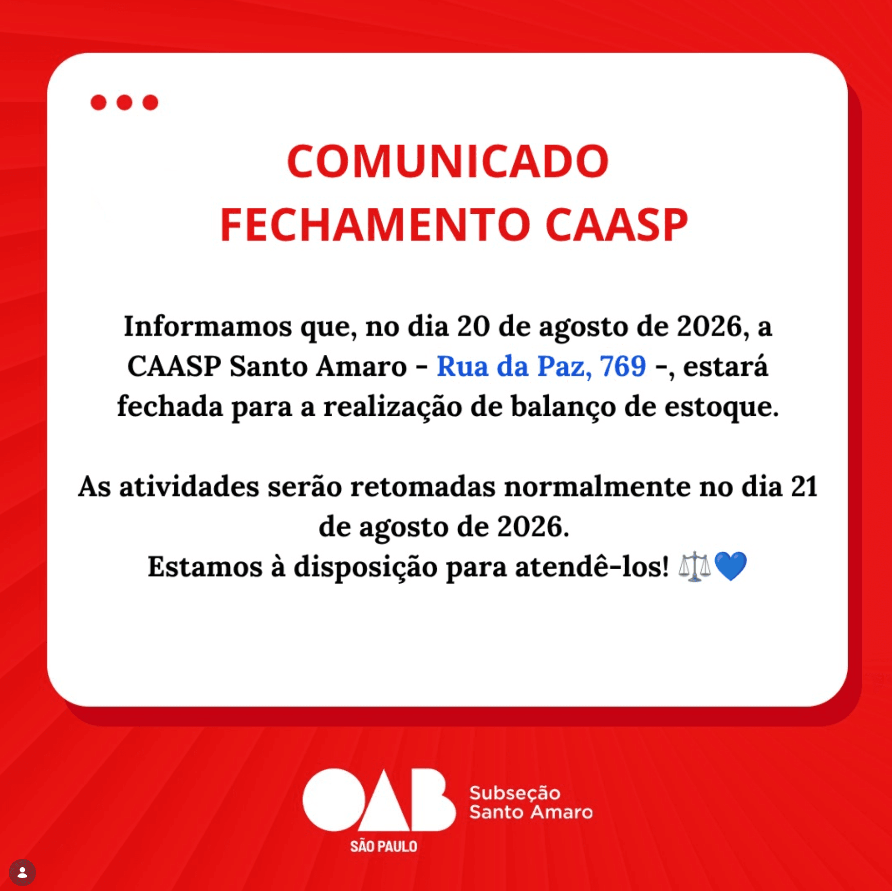 Comunicado: CAASP Santo Amaro - Balanço de estoque